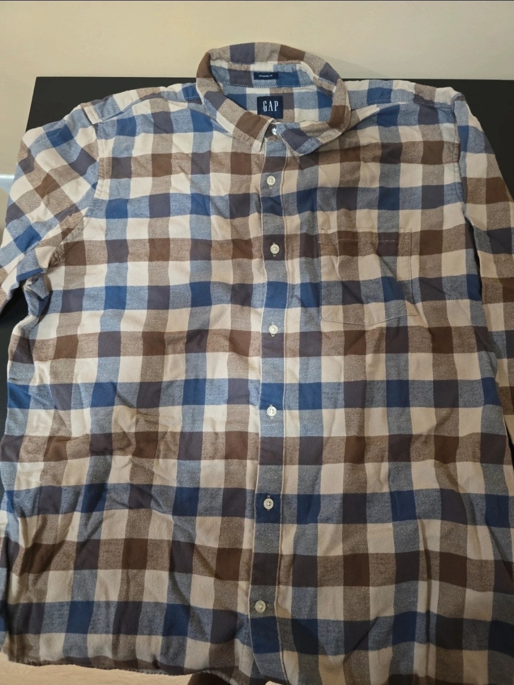 GAP Men's Blue, Brown and White Plaid Button-Down Shirt